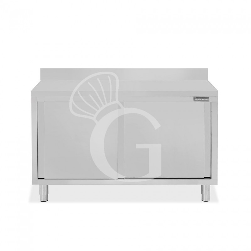 Mesa mural de acero inoxidable con 2 puertas correderas y peto trasero L 1400 mm x P 700 mm x A 950 mm