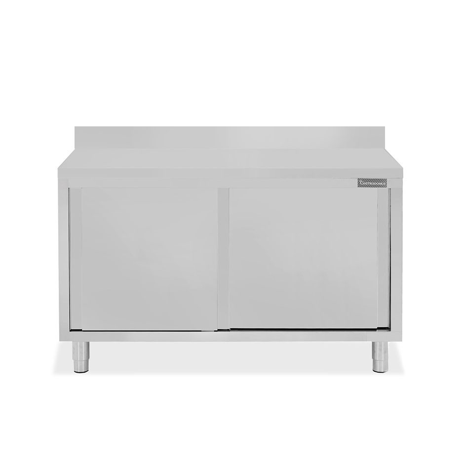Mesa mural de acero inoxidable con 2 puertas correderas y peto trasero L 1400 mm x P 700 mm x A 950 mm
