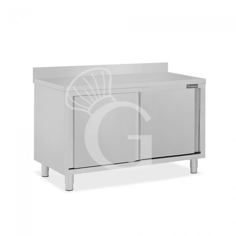 Mesa mural de acero inoxidable con 2 puertas correderas y peto trasero L 1400 mm x P 700 mm x A 950 mm
