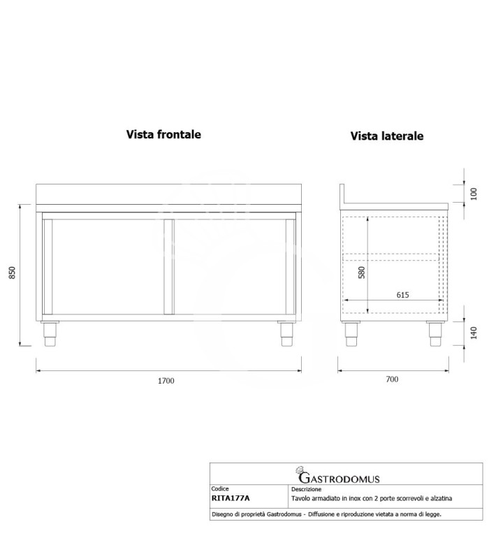 Mesa mural de acero inoxidable 2 puertas correderas y peto L 1700 mm x P 700 mm x A 950 mm