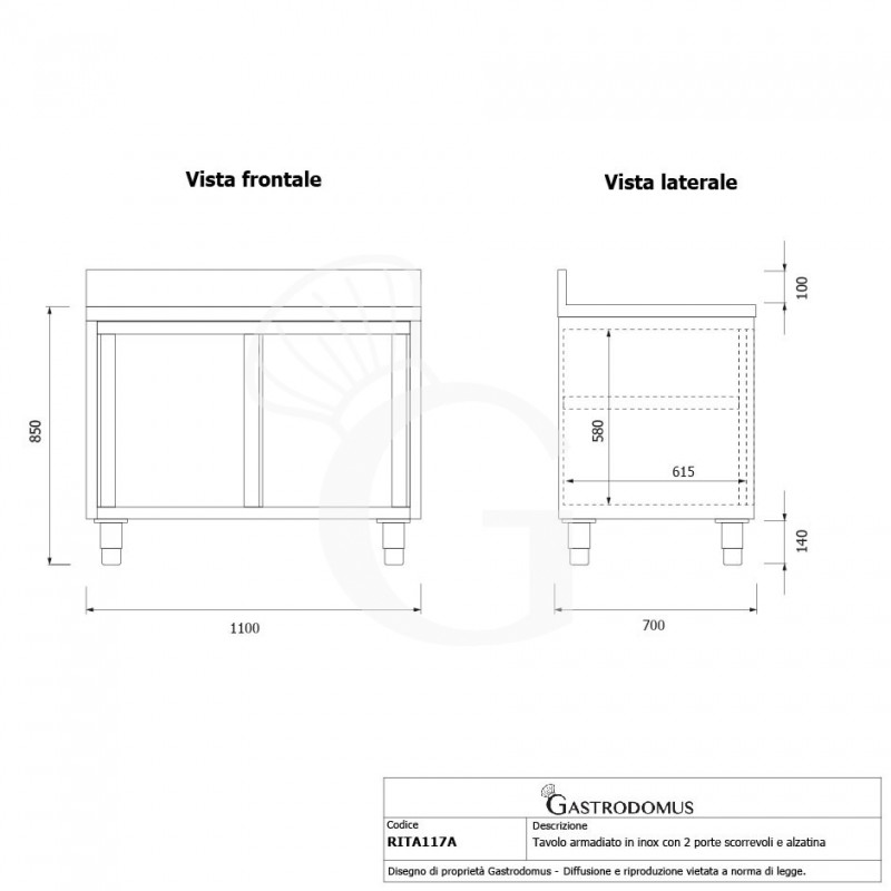 Mesa mural de acero inoxidable 2 puertas correderas y peto L 1100 mm x P 700 mm x A 950 mm