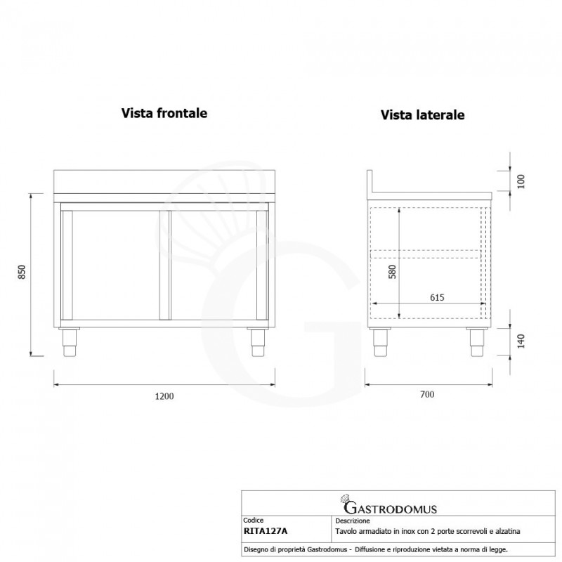 Mesa mural de acero inoxidable 2 puertas correderas y peto L 1200 mm x P 700 mm x A 950 mm