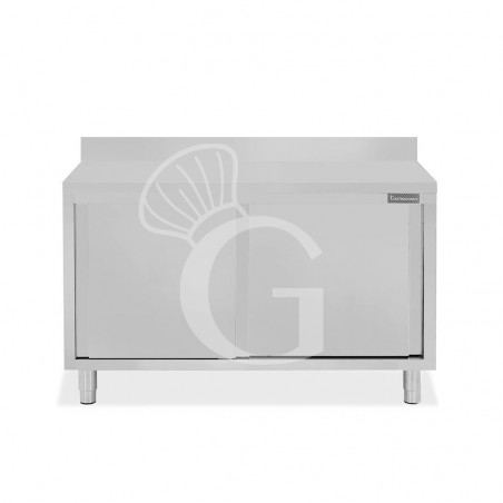 Mesa mural de acero inoxidable con 2 puertas correderas y peto trasero L 1500 mm x P 700 mm x A 950 mm Mesa mural de acero inoxidable con 2 puertas correderas y peto trasero L 1500 mm x P 700 mm x A 950 mm