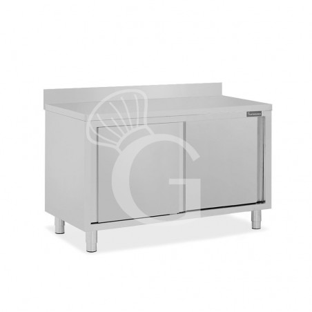 Mesa mural de acero inoxidable con 2 puertas correderas y peto trasero L 1500 mm x P 700 mm x A 950 mm Mesa mural de acero inoxidable con 2 puertas correderas y peto trasero L 1500 mm x P 700 mm x A 950 mm