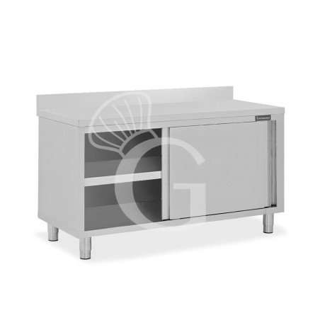 Mesa mural de acero inoxidable con 2 puertas correderas y peto trasero L 1500 mm x P 700 mm x A 950 mm Mesa mural de acero inoxidable con 2 puertas correderas y peto trasero L 1500 mm x P 700 mm x A 950 mm