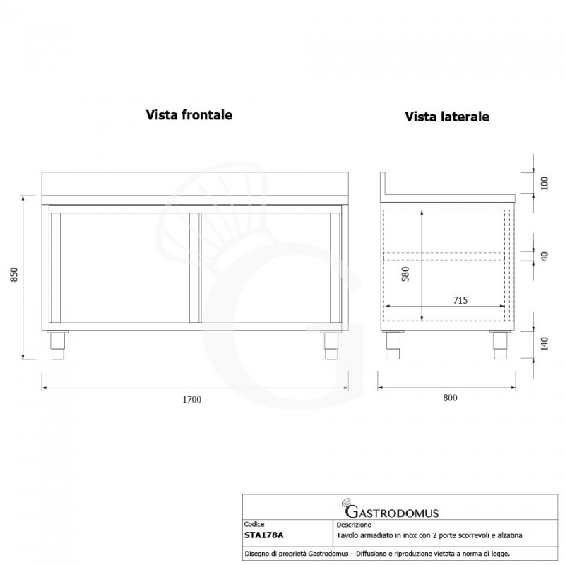 Mesa mural de acero inoxidable 2 puertas correderas y peto L 1700 mm x P 800 mm x A 950 mm