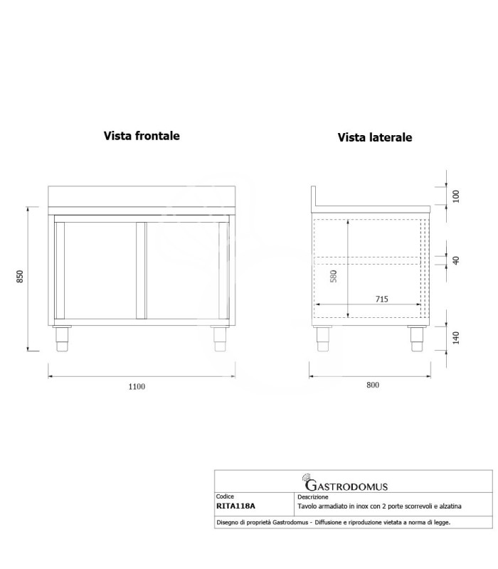 Mesa mural de acero inoxidable 2 puertas correderas y peto L 1100 mm x P 800 mm x A 950 mm