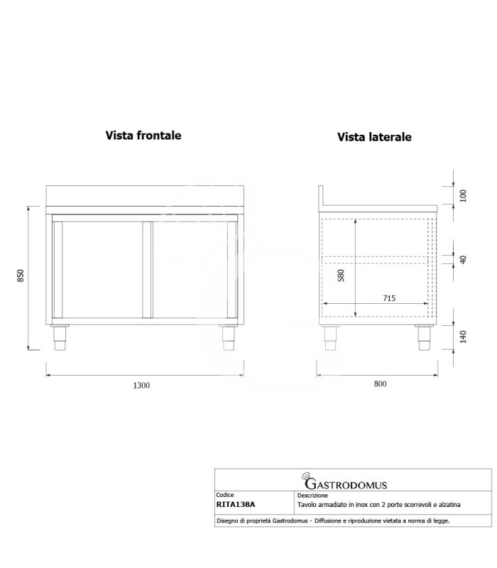 Mesa mural de acero inoxidable 2 puertas correderas y peto L 1300 mm x P 800 mm x A 950 mm
