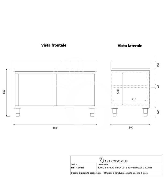 Mesa mural de acero inoxidable 2 puertas correderas y peto L 1600 mm x P 800 mm x A 950 mm