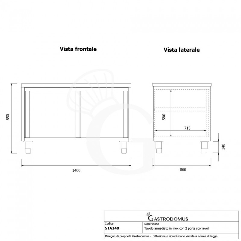 Mesa mural de acero inoxidable 2 puertas correderas L 1400 mm x P 800 mm x A 850 mm