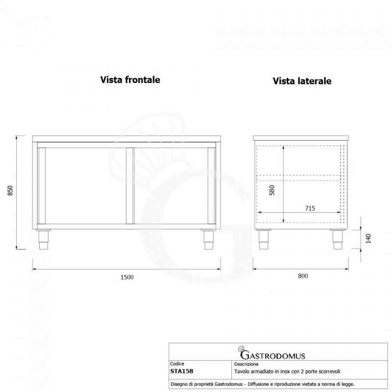 Mesa mural de acero inoxidable 2 puertas correderas L 1500 mm x P 800 mm x A 850 mm