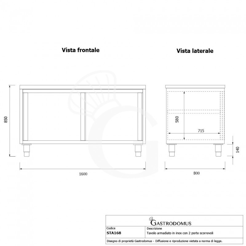 Mesa mural de acero inoxidable 2 puertas correderas L 1600 mm x P 800 mm x A 850 mm