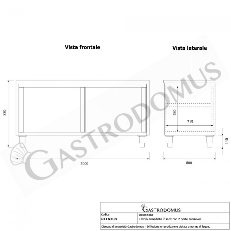 Mesa mural de acero inoxidable 2 puertas correderas L 2000 mm x P 800 mm x A 850 mm