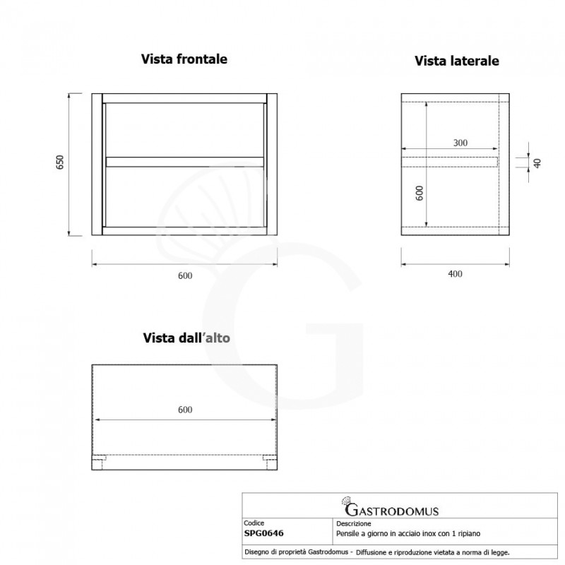 Armario de pared inox con 1 estante, L 600 mm x P 400 mm x A 650 mm
