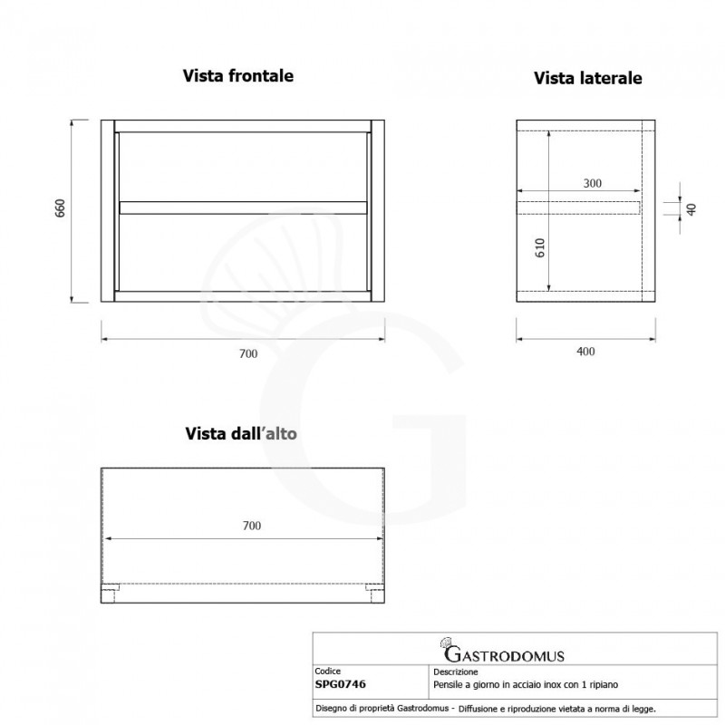 Armario de pared de acero inoxidable con 1 estante, L 700 mm x P 400 mm x A 600 mm