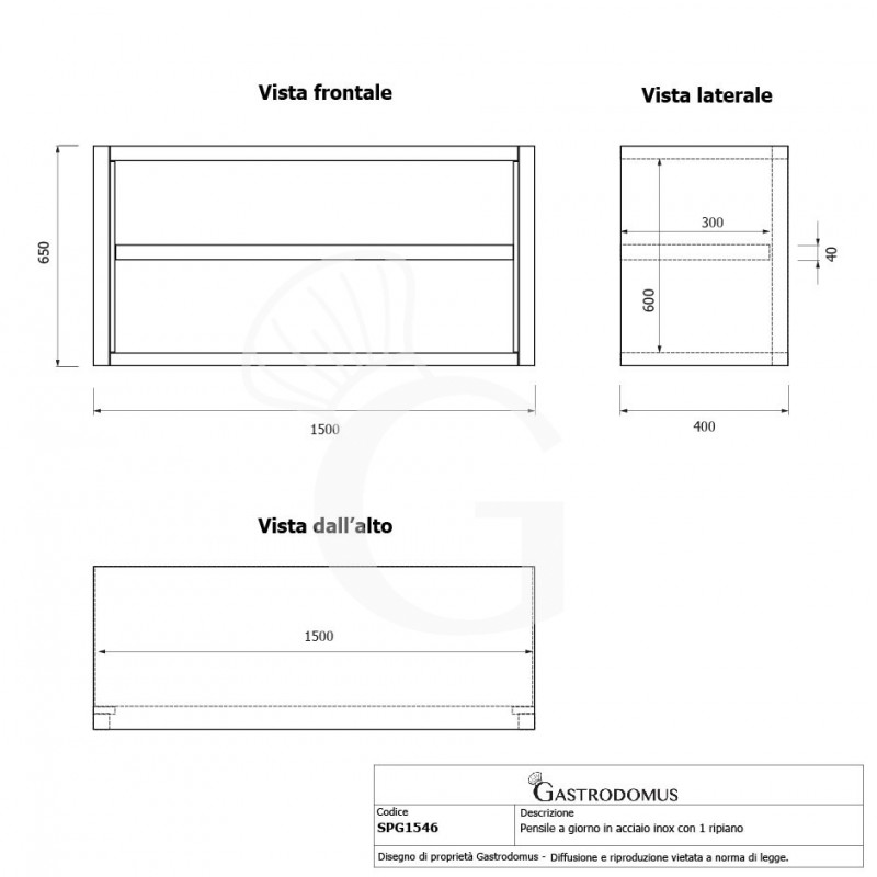 Armario de pared inox con 1 estante, L 1500 mm x P 400 mm x A 650 mm