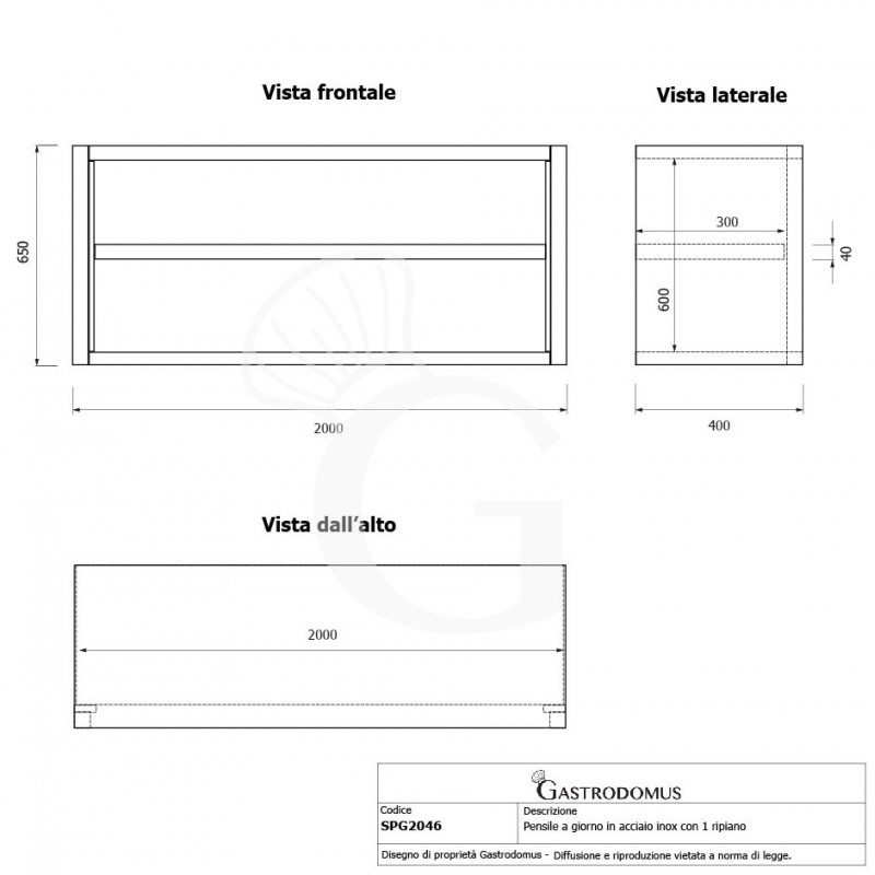 Armario de pared de acero inoxidable con 1 estante, L 2000 mm x P 400 mm x A 650 mm