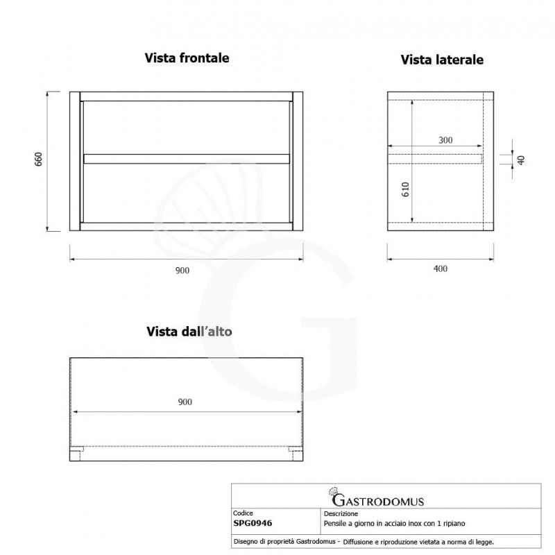 Armario de pared de acero inoxidable con 1 estante, L 900 mm x P 400 mm x A 600 mm