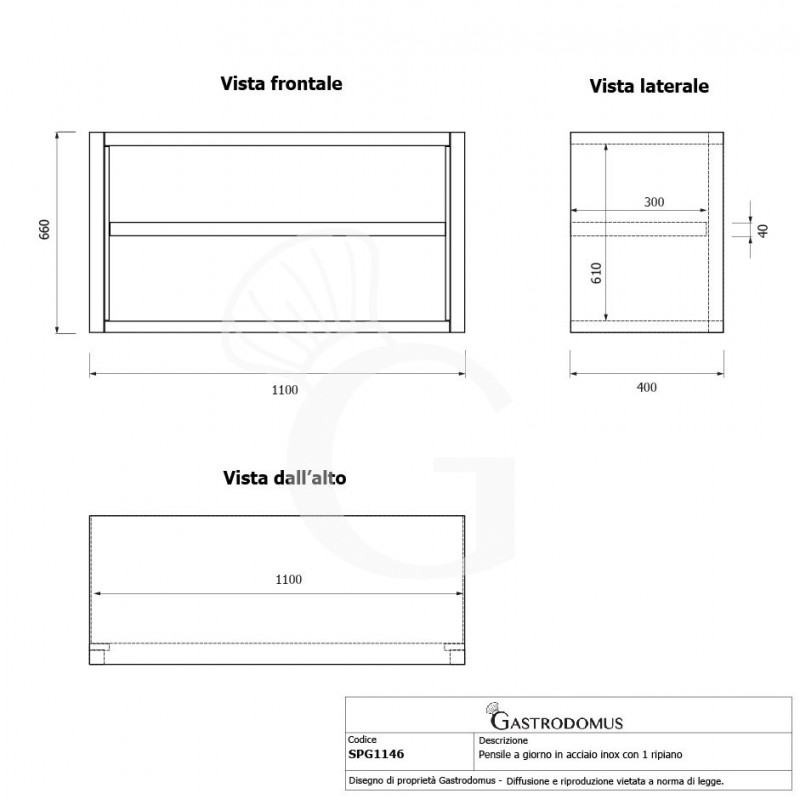 Armario de pared inox con 1 estante, L 1100 mm x P 400 mm x A 660 mm