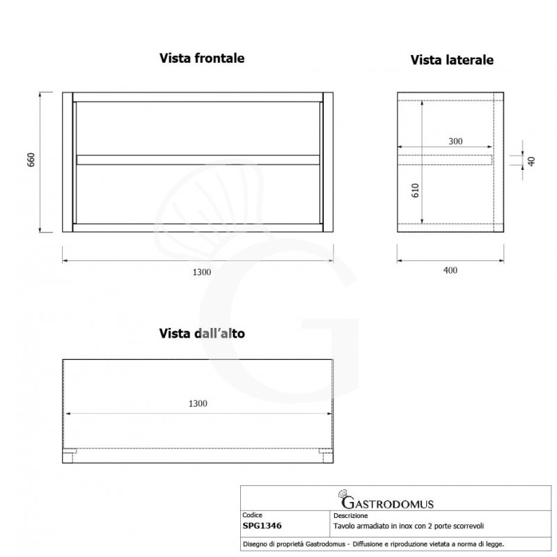 Armario de pared inox con 1 estante, L 1300 mm x P 400 mm x A 660 mm