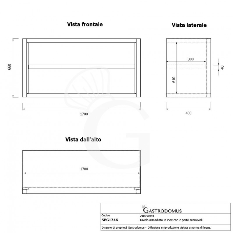 Armario de pared inox con 1 estante, L 1700 mm x P 400 mm x A 660 mm