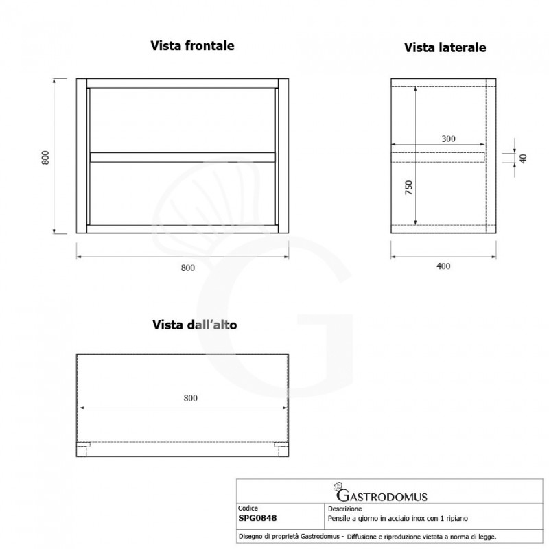 Armario de pared inox con 1 estante, L 800 mm x P 400 mm x A 800 mm