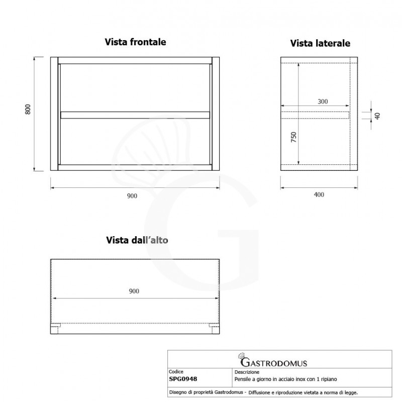 Armario de pared inox con 1 estante, L 900 mm x P 400 mm x A 800 mm