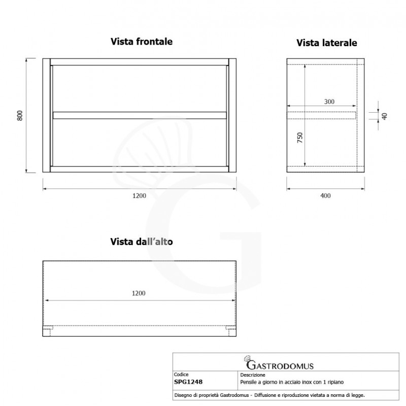 Armario de pared inox con 1 estante, L 1200 mm x P 400 mm x A 800 mm