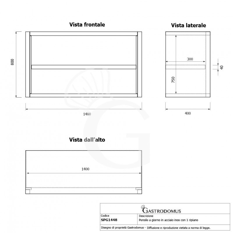 Armario de pared inox con 1 estante, L 1400 mm x P 400 mm x A 800 mm