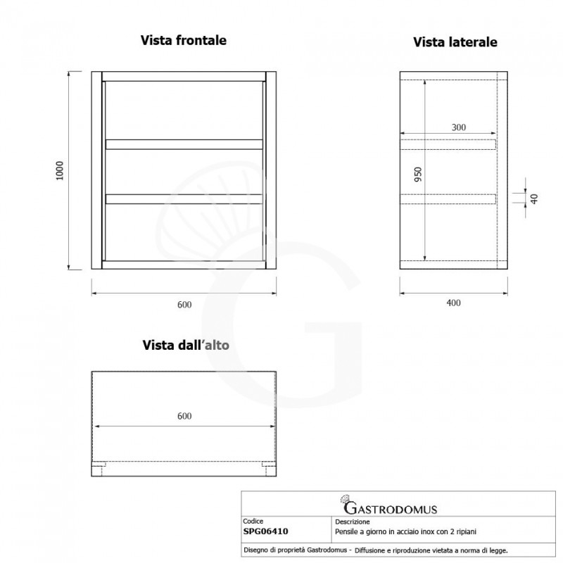 Armario de pared inox con 2 estantes, L 600 mm x P 400 mm x A 1000 mm