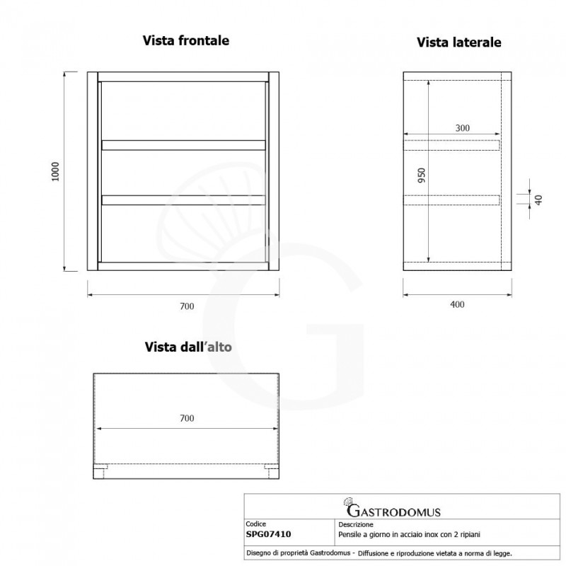 Armario de pared inox con 2 estantes, L 700 mm x P 400 mm x A 1000 mm