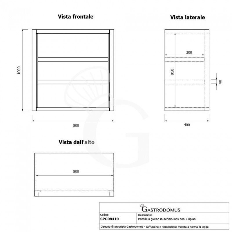 Armario de pared inox con 2 estantes, L 800 mm x P 400 mm x A 1000 mm