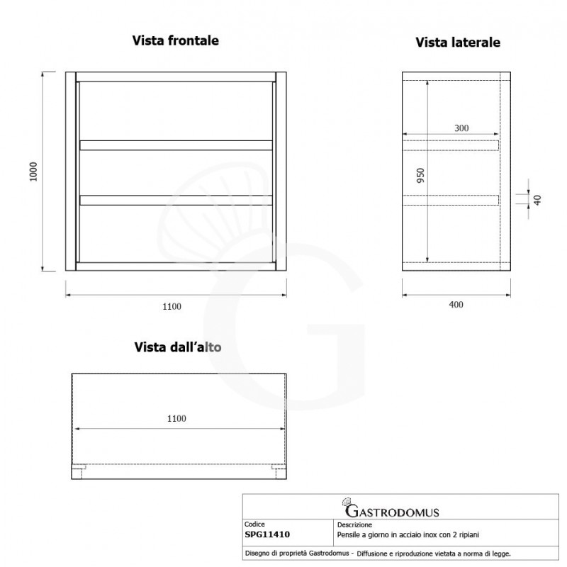 Armario de pared inox con 2 estantes, L 1100 mm x P 400 mm x A 1000 mm