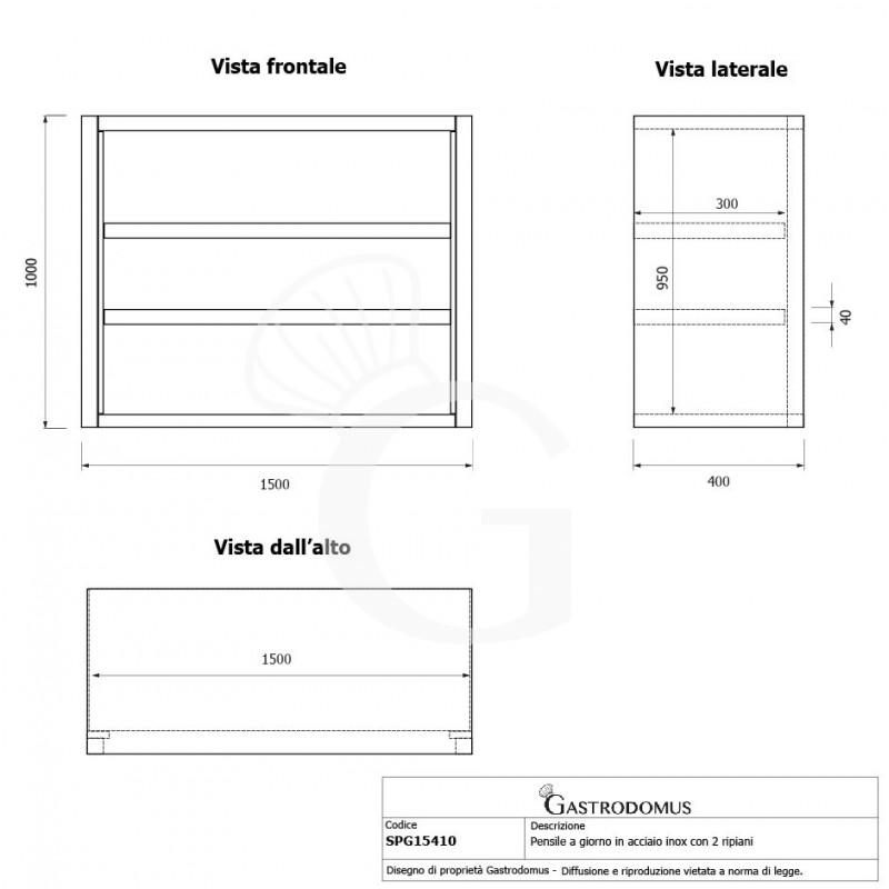 Armario de pared inox con 2 estantes, L 1500 mm x P 400 mm x A 1000 mm