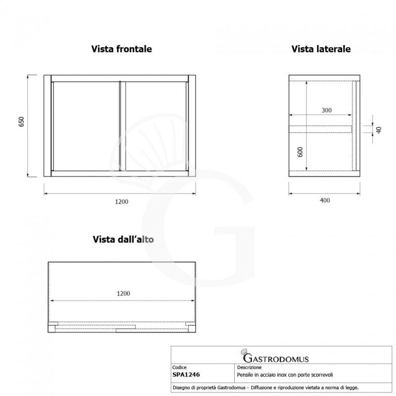 Armario de pared con puertas correderas de acero inoxidable con 1 estante, L 1200 mm x P 400 mm x A 650 mm