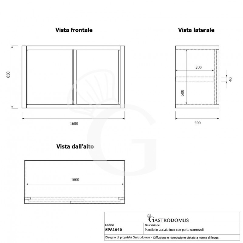 Armario de pared con puertas correderas de acero inoxidable con 1 estante, L 1600 mm x P 400 mm x A 650 mm