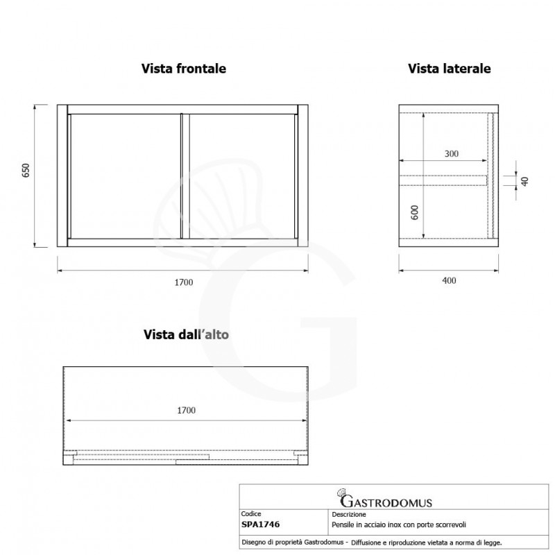 Armario de pared con puertas correderas de acero inoxidable con 1 estante, L 1700 mm x P 400 mm x A 650 mm