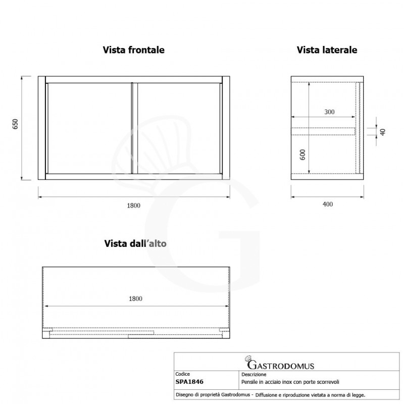 Armario de pared con puertas correderas de acero inoxidable con 1 estante, L 1800 mm x P 400 mm x A 650 mm
