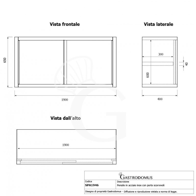 Armario de pared con puertas correderas de acero inoxidable con 1 estante, L 1900 mm x P 400 mm x A 650 mm