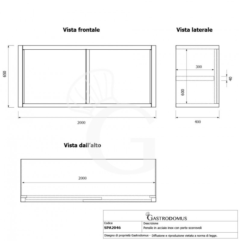 Armario de pared con puertas correderas de acero inoxidable con 1 estante, L 2000 mm x P 400 mm x A 650 mm