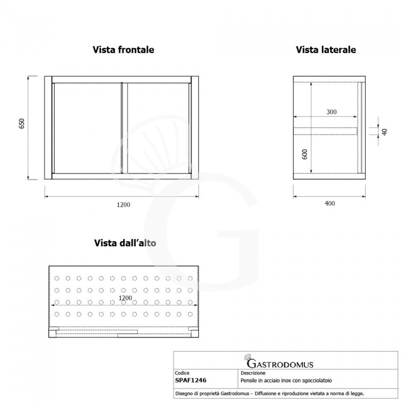 Armario de pared de acero inoxidable con escurridor, puertas correderas, 1 estante perforado, L 1200 mm x P 400 mm x A 650 mm
