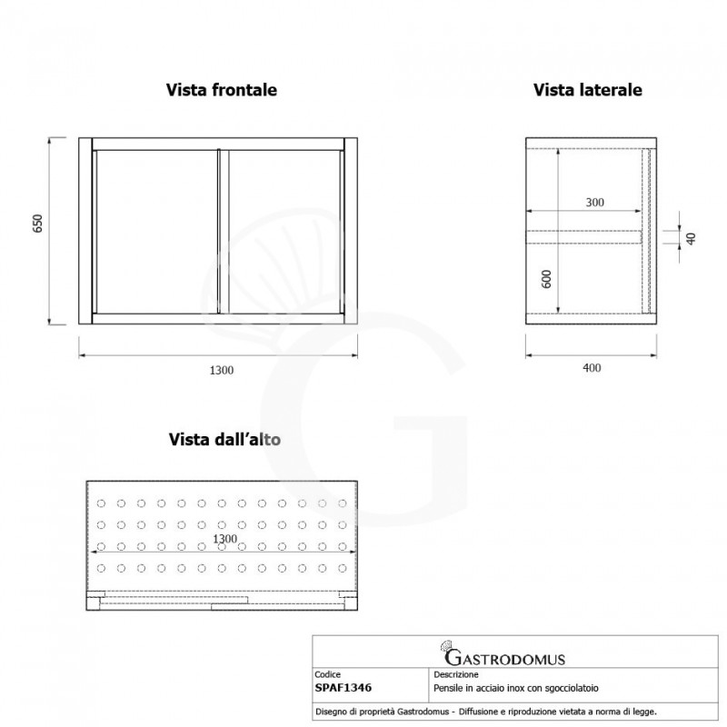 Armario de pared de acero inoxidable con escurridor, puertas correderas, 1 estante perforado, L 1300 mm x P 400 mm x A 650 mm