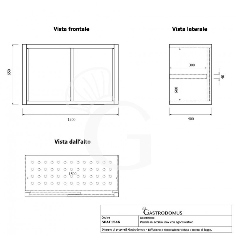 Armario de pared de acero inoxidable con escurridor, puertas correderas, 1 estante perforado, L 1500 mm x P 400 mm x A 650 mm