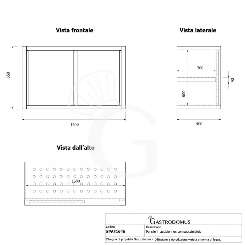 Armario de pared de acero inoxidable con escurridor, puertas correderas, 1 estante perforado, L 1600 mm x P 400 mm x A 650 mm