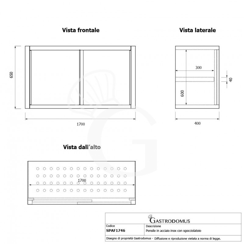 Armario de pared de acero inoxidable con escurridor, puertas correderas, 1 estante perforado, L 1700 mm x P 400 mm x A 650 mm