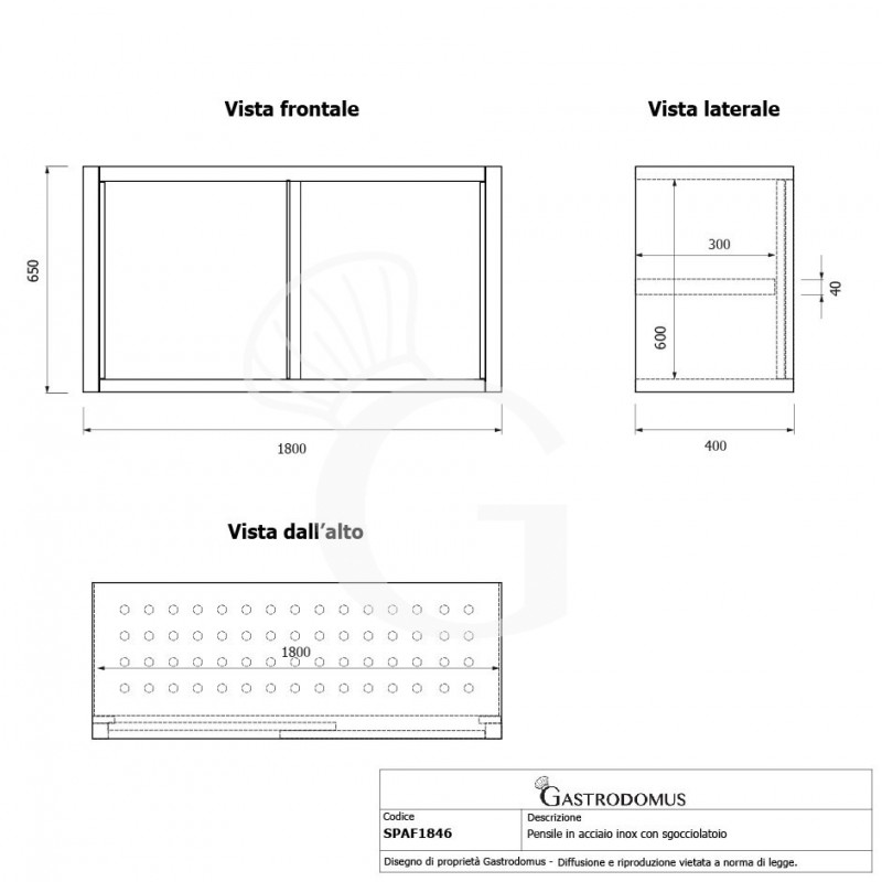 Armario de pared de acero inoxidable con escurridor, puertas correderas, 1 estante perforado, L 1800 mm x P 400 mm x A 650 mm