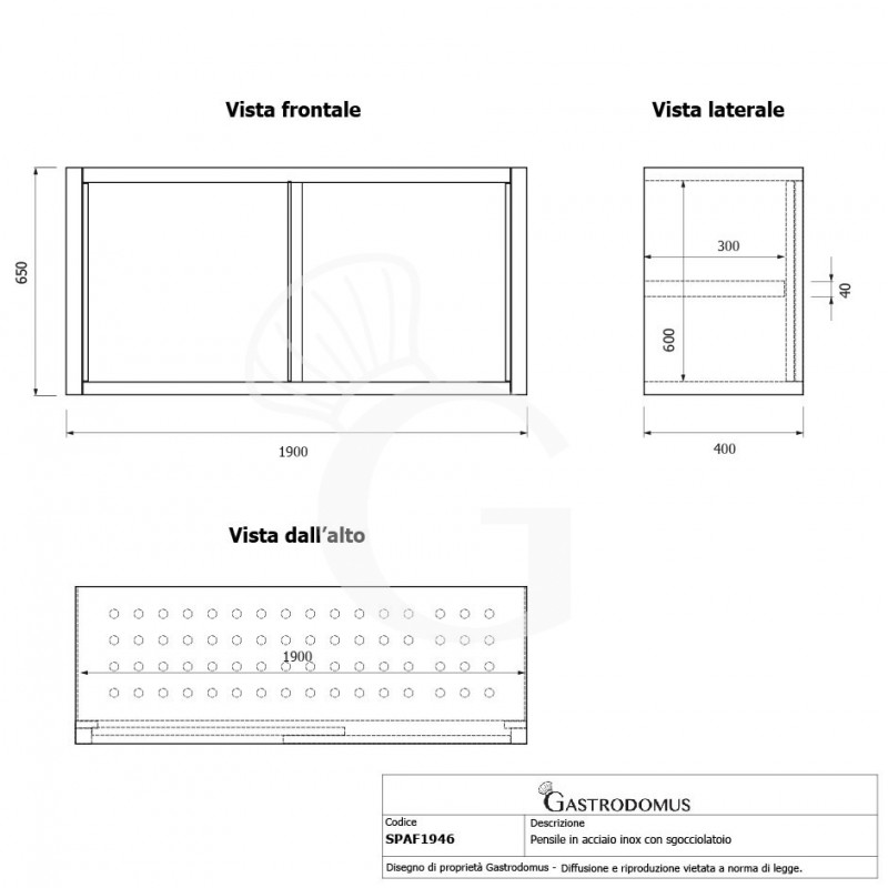 Estantería de pared acero inoxidable con escurridor, 1 estante perforado, puertas correderas L 1900 x P 400 x H 660 mm