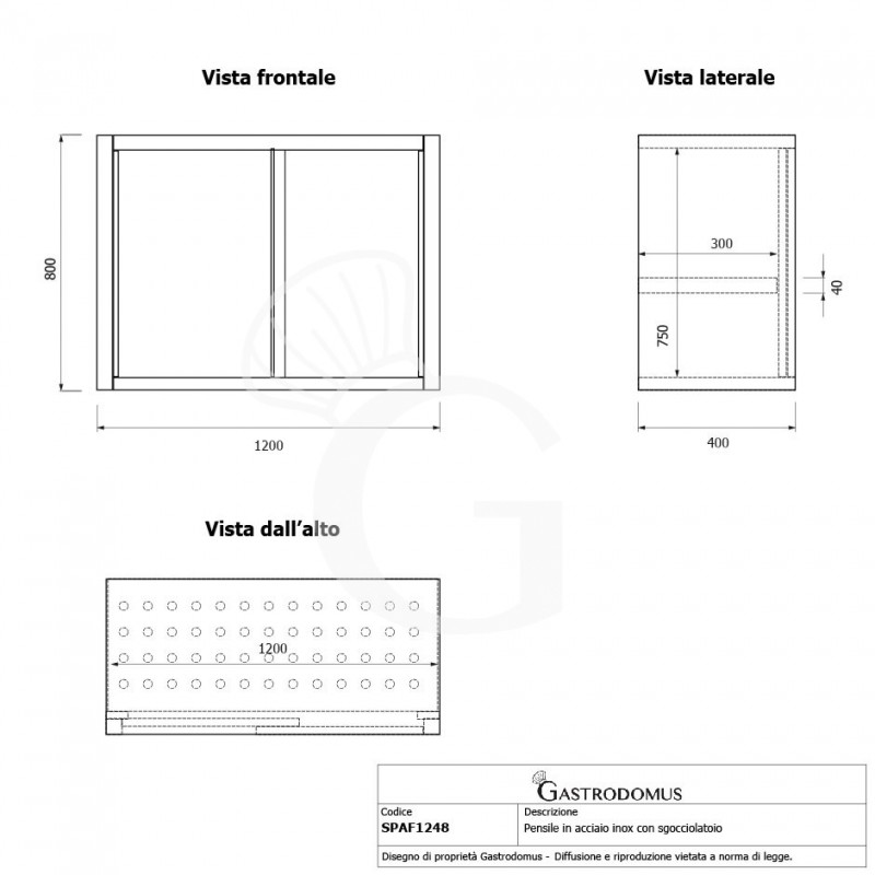 Armario de pared de acero inoxidable con escurridor, 2 puertas correderas, 1 estante perforado, L 1200 mm x P 400 mm x A 800 mm