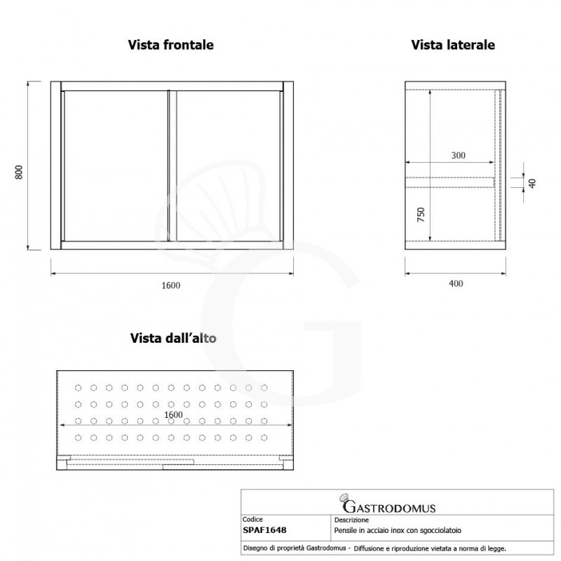 Armario de pared inox con escurridor, 2 puertas correderas, 1 estante perforado, L 1600 mm x P 400 mm x A 800 mm