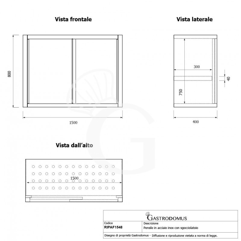 Armario de pared de acero inoxidable con escurridor, puertas correderas, 1 estante perforado, L 1500 mm x P 400 mm x A 800 mm
